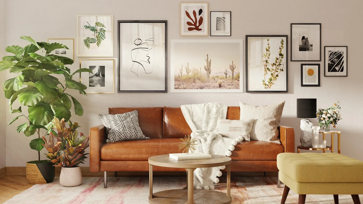 Styled living room with a leather sofa and gallery wall