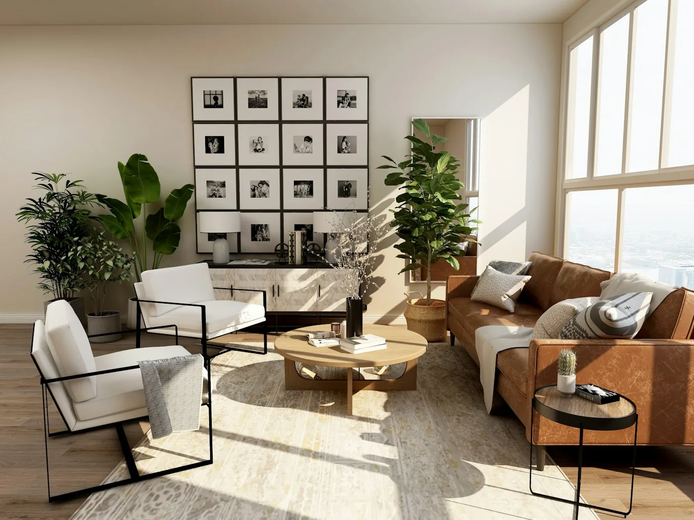 Furnished living room with a leather sofa and indoor plants